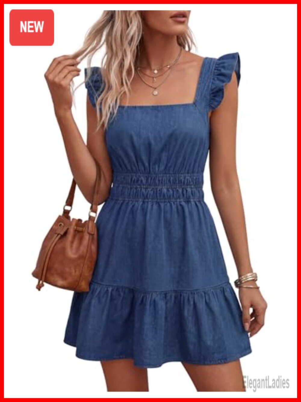 Women's Denim Dress with Pockets Square Neck Ruffled Sleeveless Summer